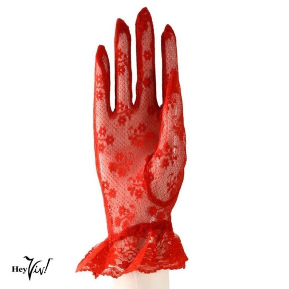 Hey Viv! Accessories - Red Lace Gloves Wrist Length w Ruffle Dressy Weddings Party Bridal Prom